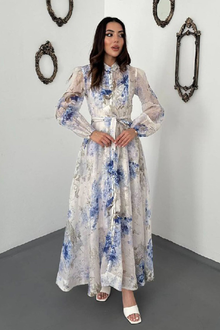 Blue Embellished Floral Dress