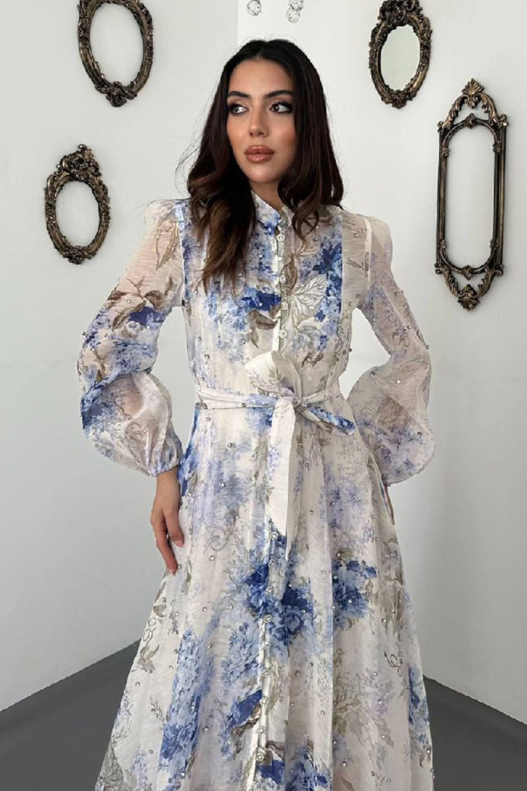 Blue Embellished Floral Dress