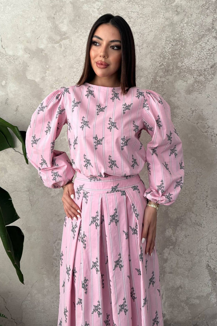 Pembe Çizgili Çiçekli Bluz Etek Takım