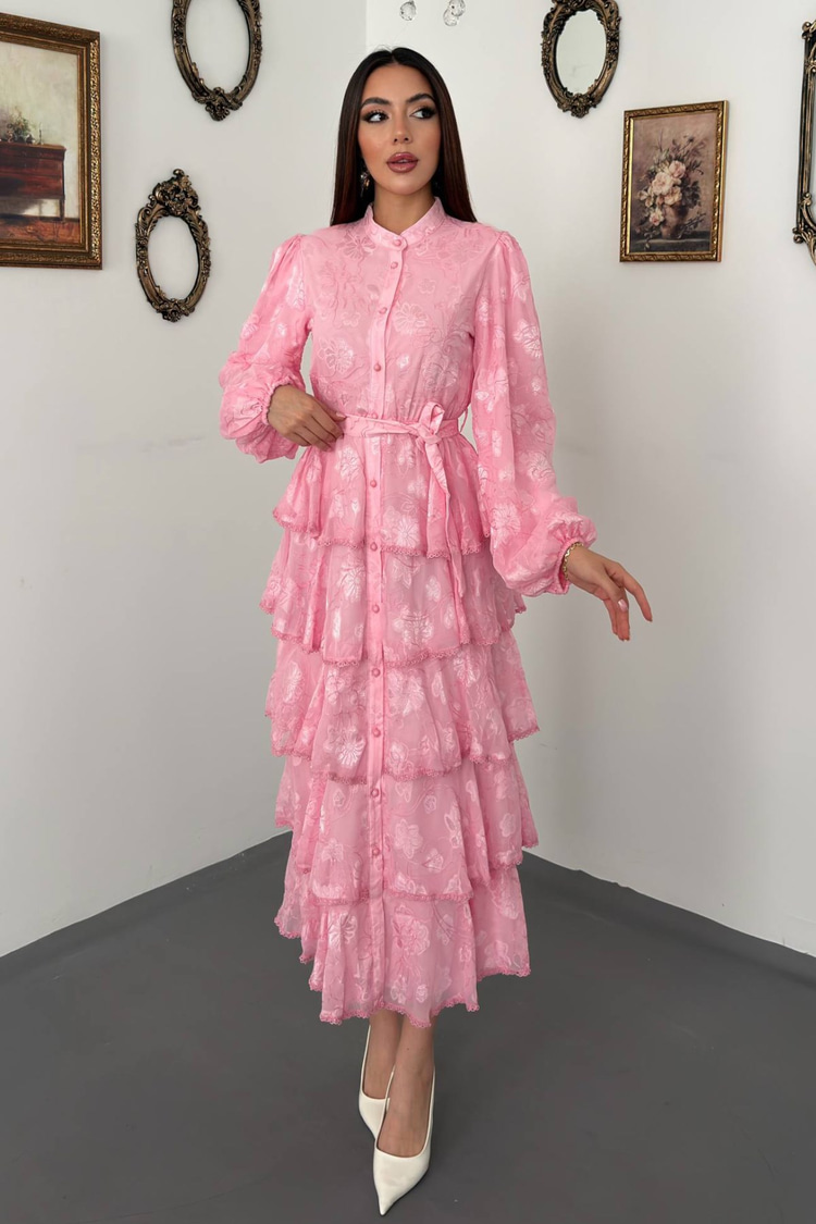 Pink Long Dress With Valances And Stripes