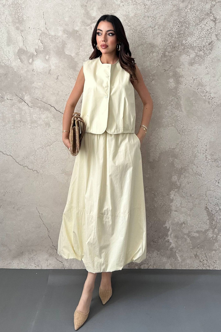Yellow Poplin Vest And Skirt Set