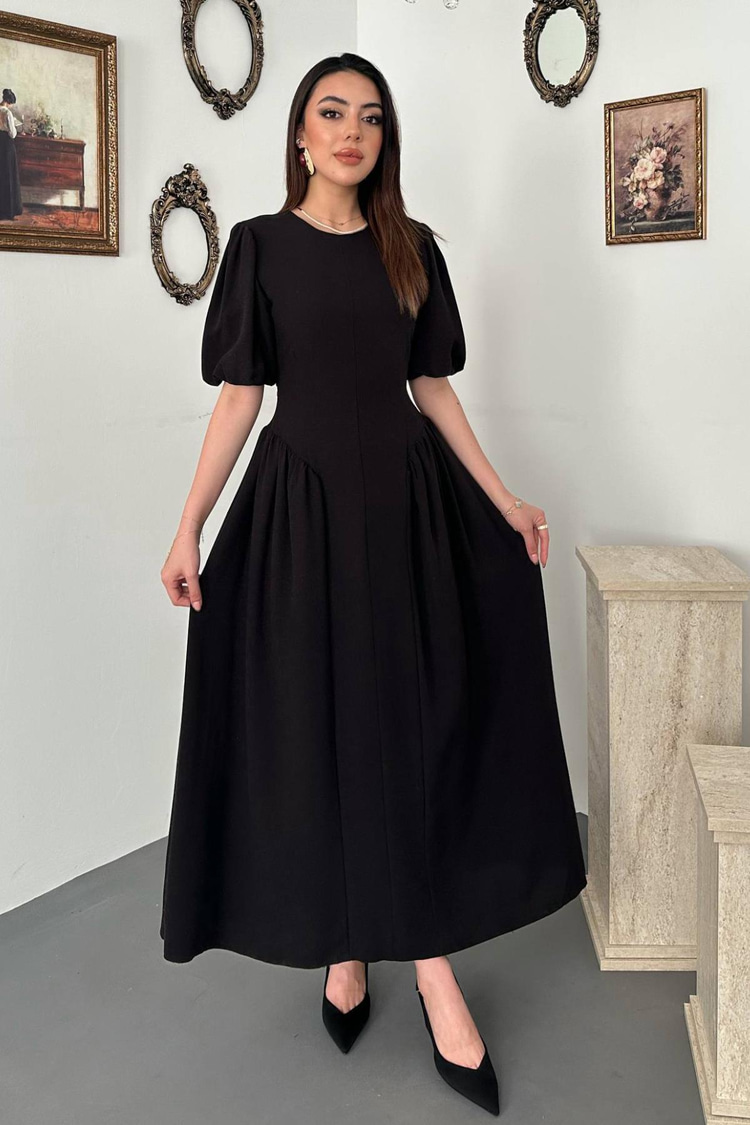 Black Back-Tie Gathered Linen Dress