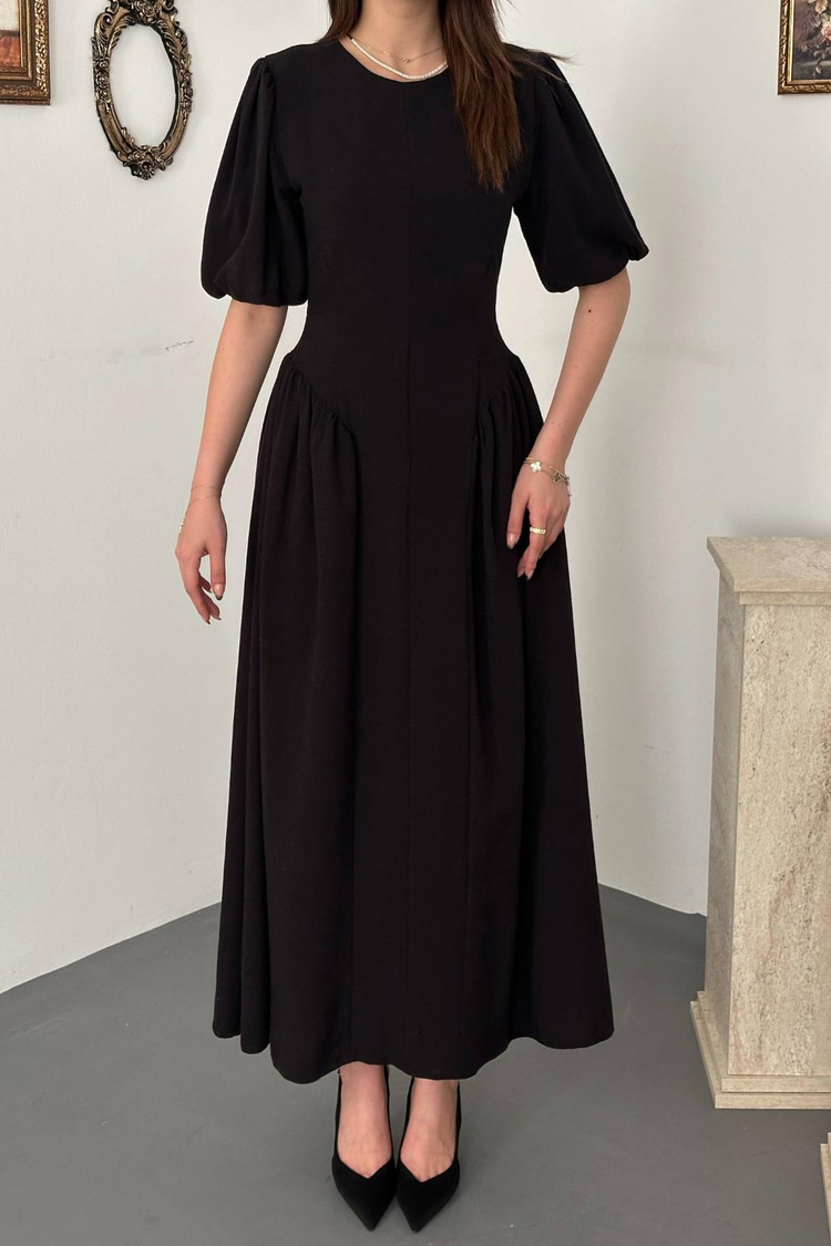 Black Back-Tie Gathered Linen Dress