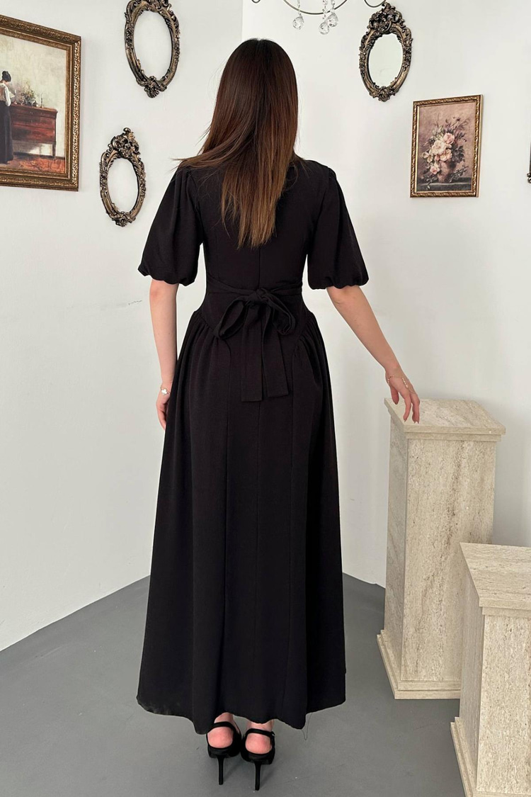 Black Back-Tie Gathered Linen Dress