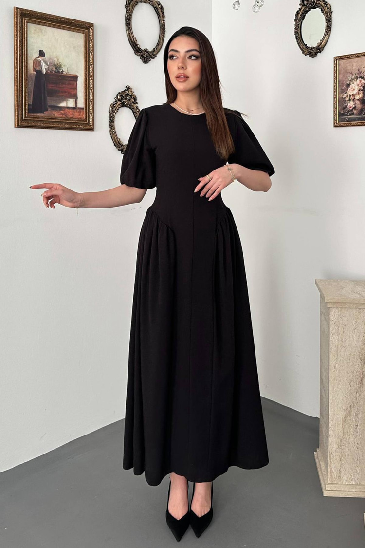 Black Back-Tie Gathered Linen Dress