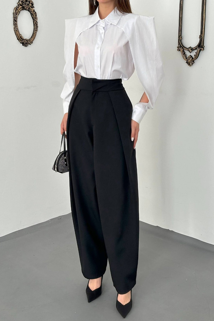 Black Pleated Satin Trousers