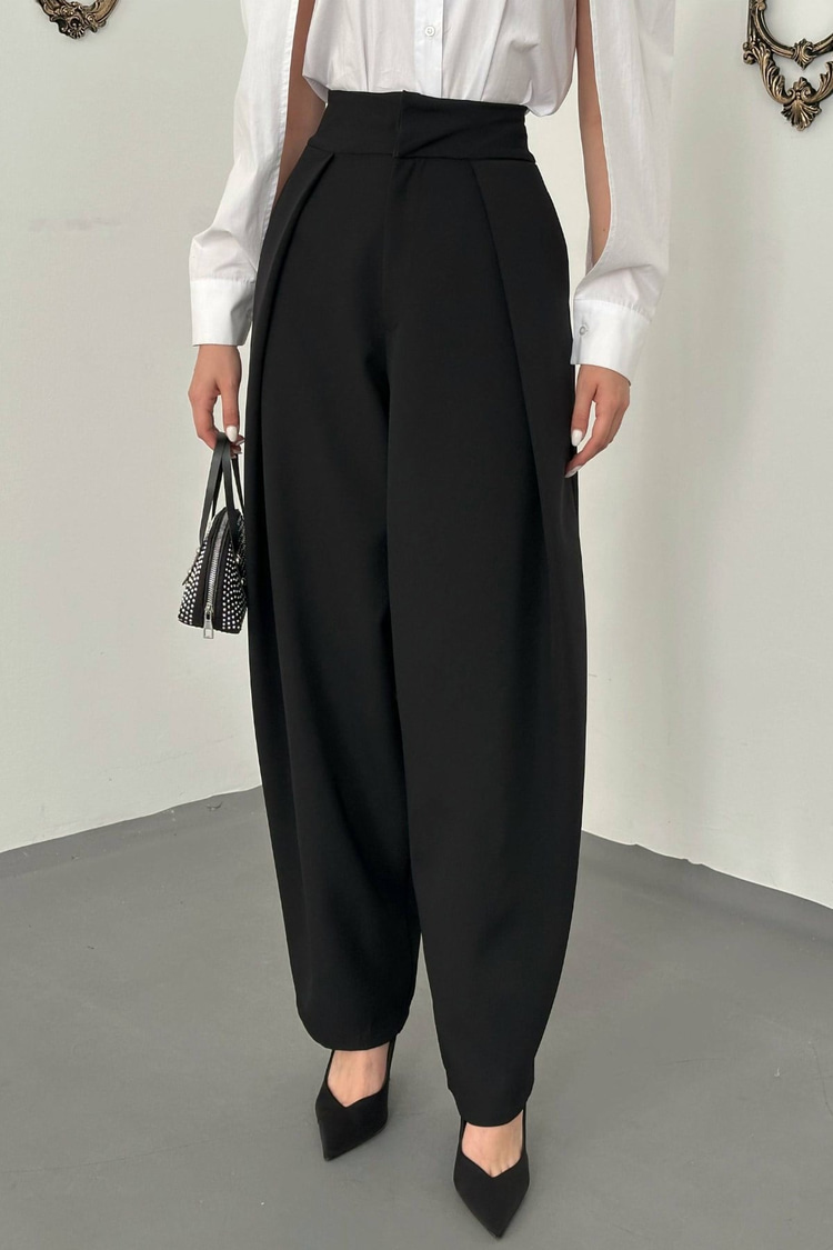 Black Pleated Satin Trousers