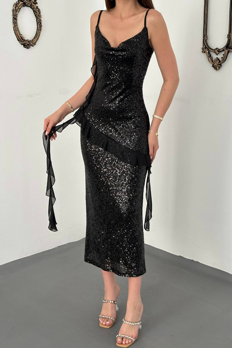 Black Sequin Chiffon Ruffled Dress
