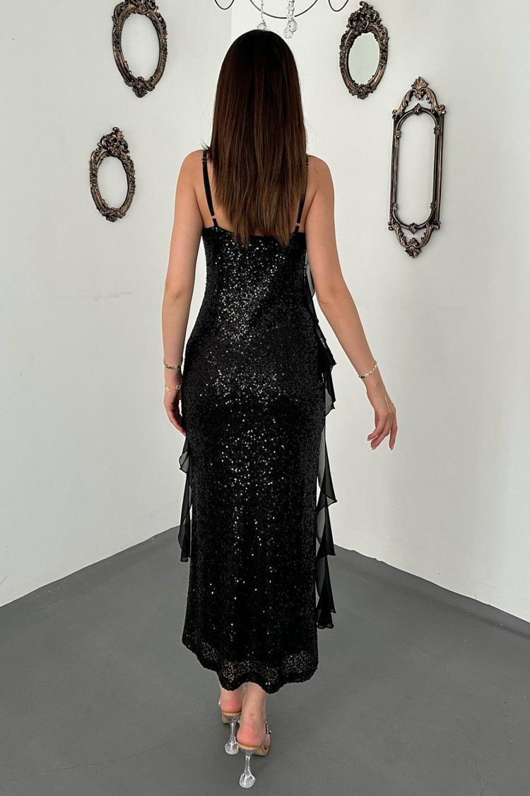 Black Sequin Chiffon Ruffled Dress