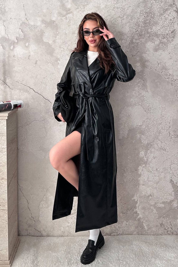 Black Long Leather Trench Coat