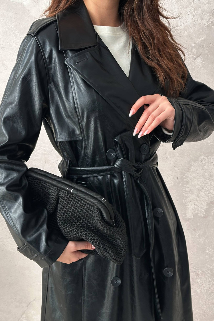 Black Long Leather Trench Coat