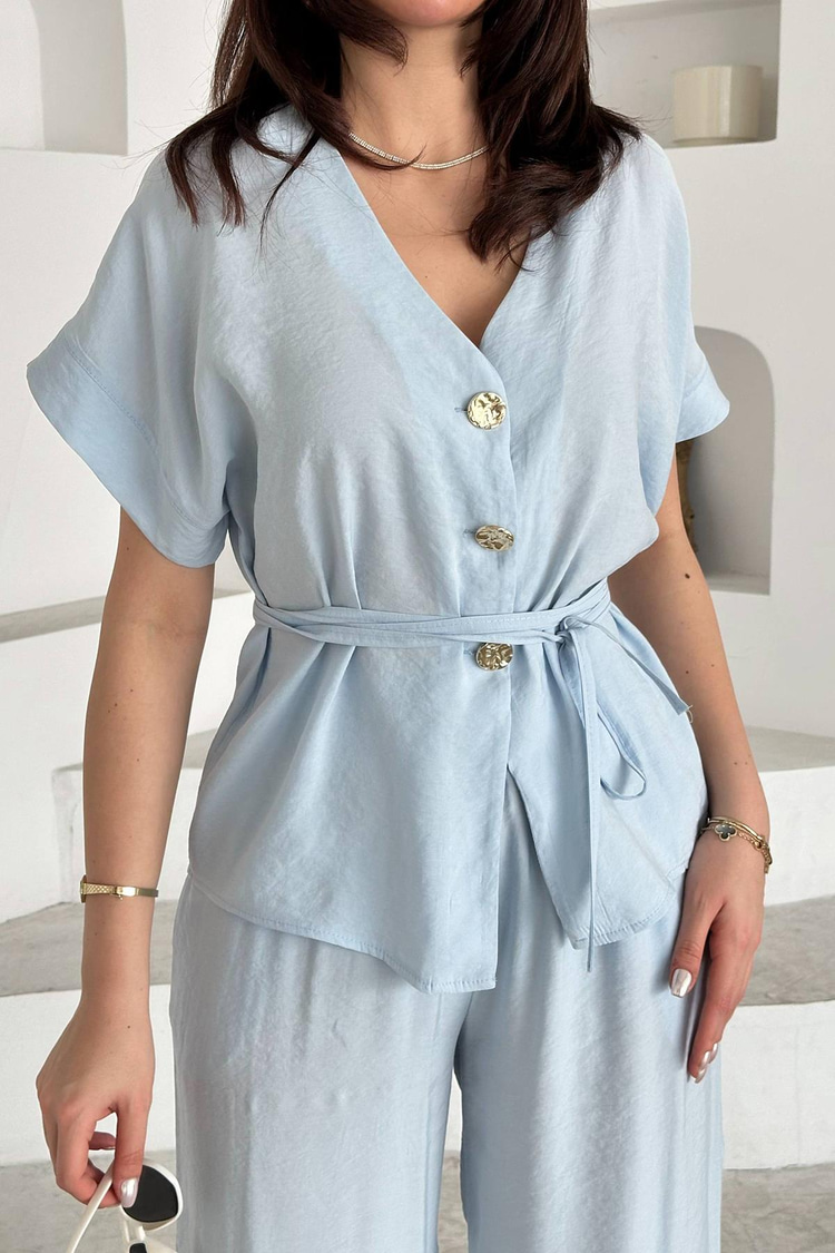 Baby Blue Button Detail Two-Piece Modal Set