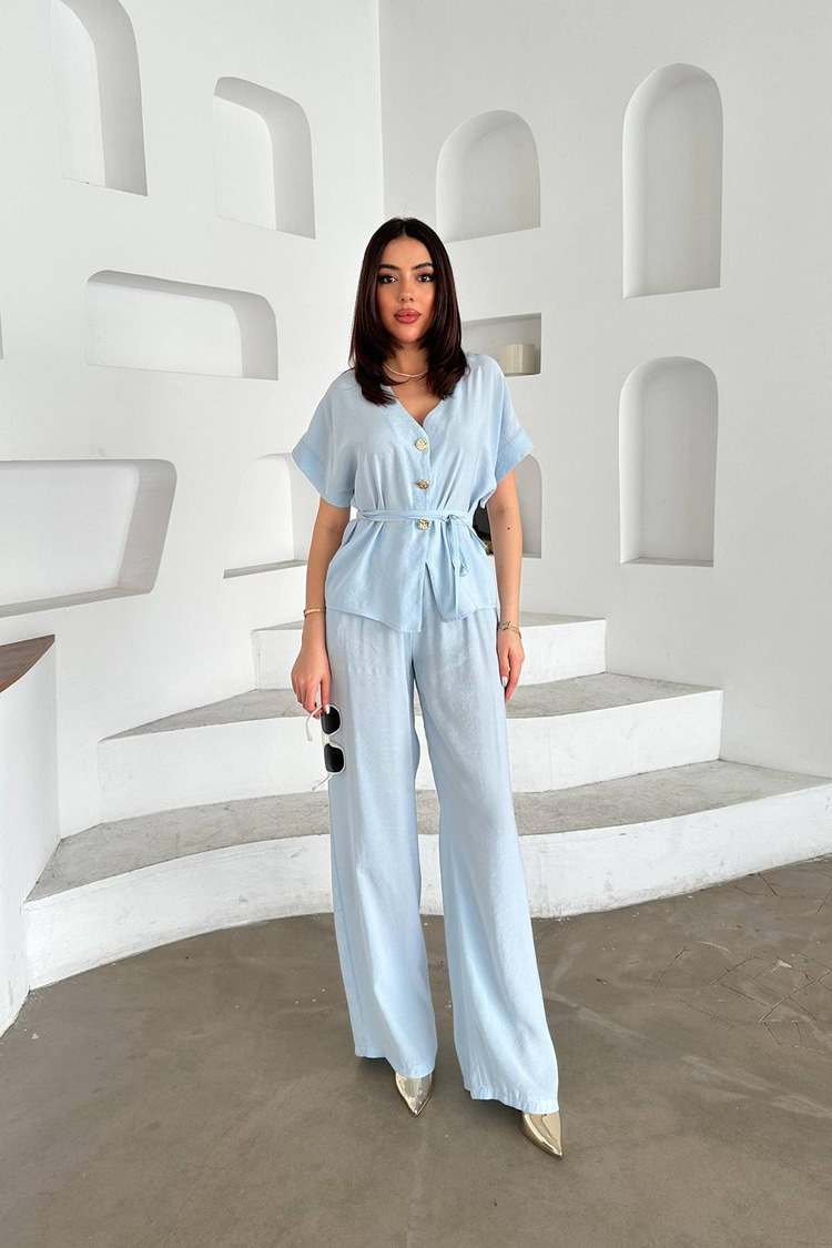 Baby Blue Button Detail Two-Piece Modal Set