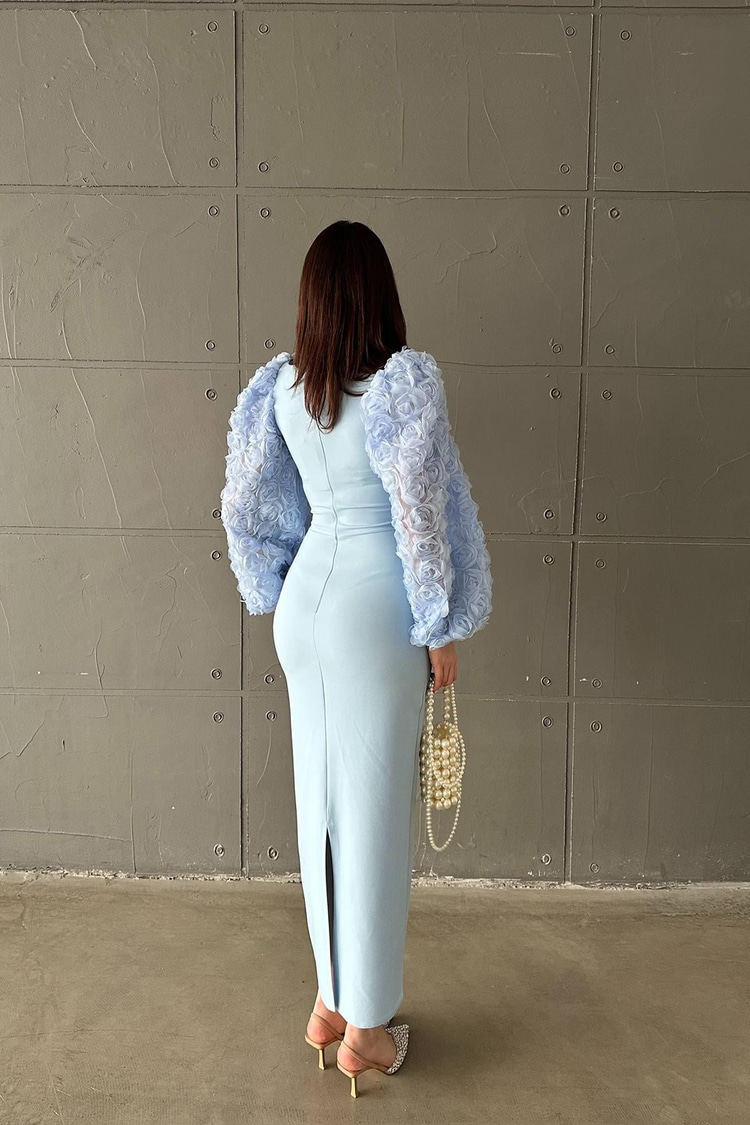 Baby Blue Satin Dress With Floral Sleeves