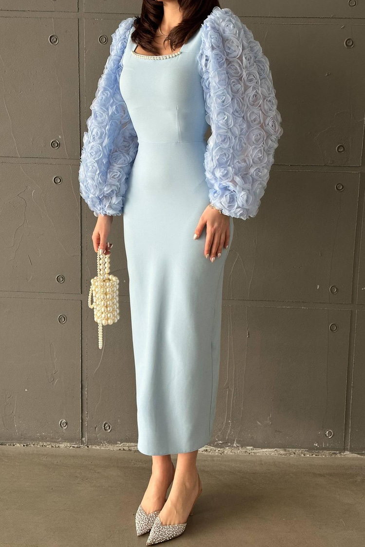 Baby Blue Satin Dress With Floral Sleeves