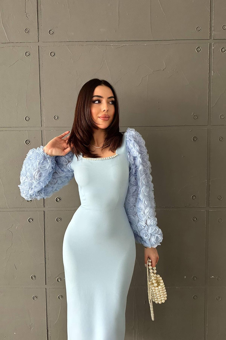 Baby Blue Satin Dress With Floral Sleeves