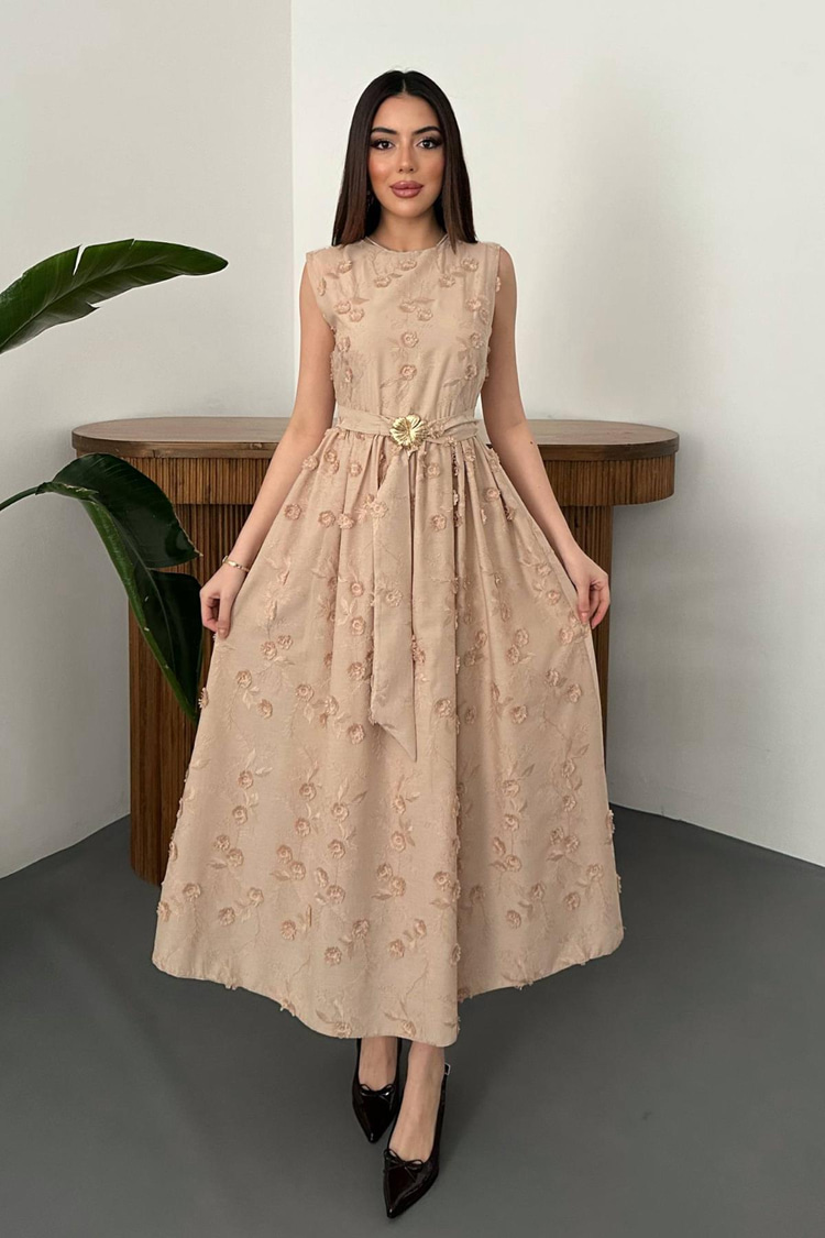 Beige Dress With 3D Embroidered Details