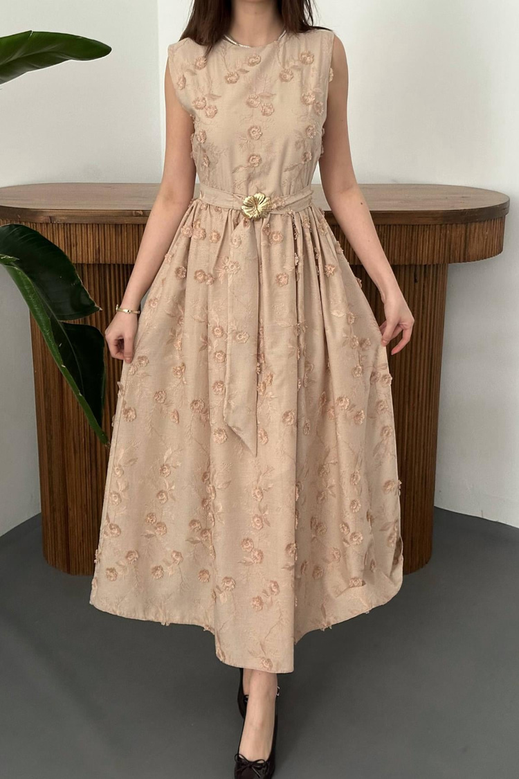 Beige Dress With 3D Embroidered Details