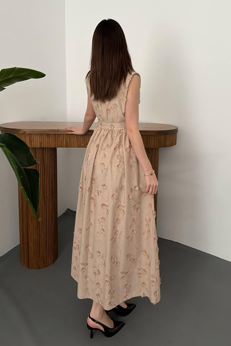 Beige Dress With 3D Embroidered Details