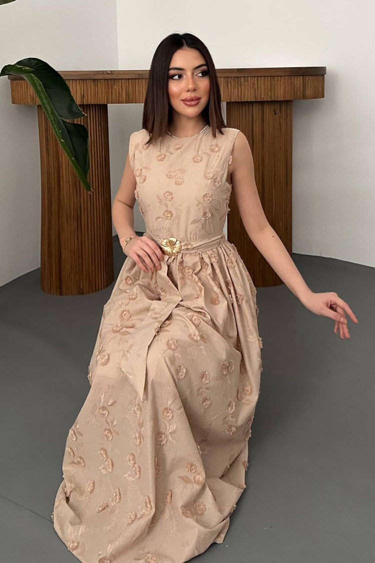 Beige Dress With 3D Embroidered Details