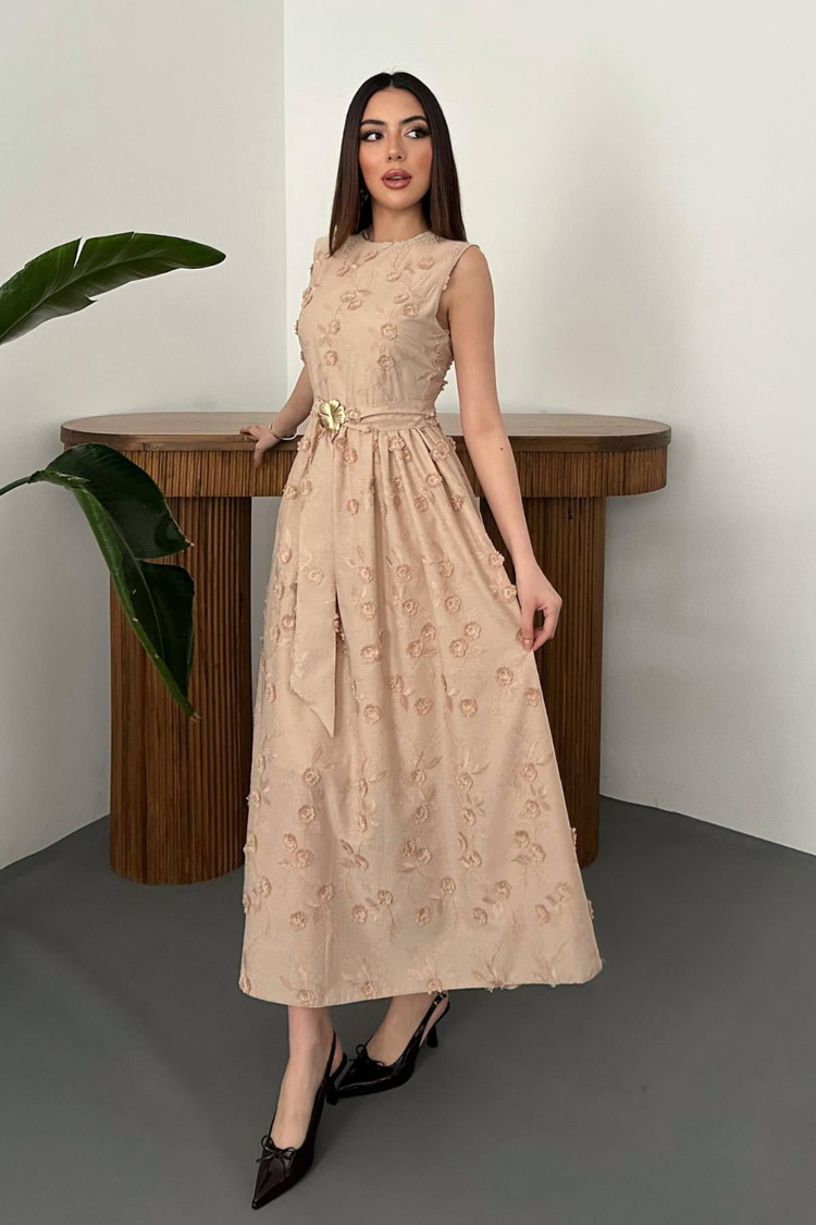 Beige Dress With 3D Embroidered Details