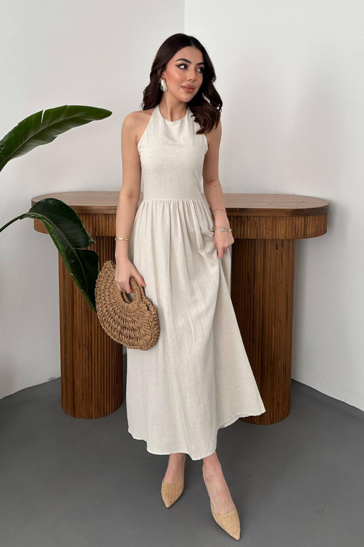 Beige Linen Dress With Back Trim