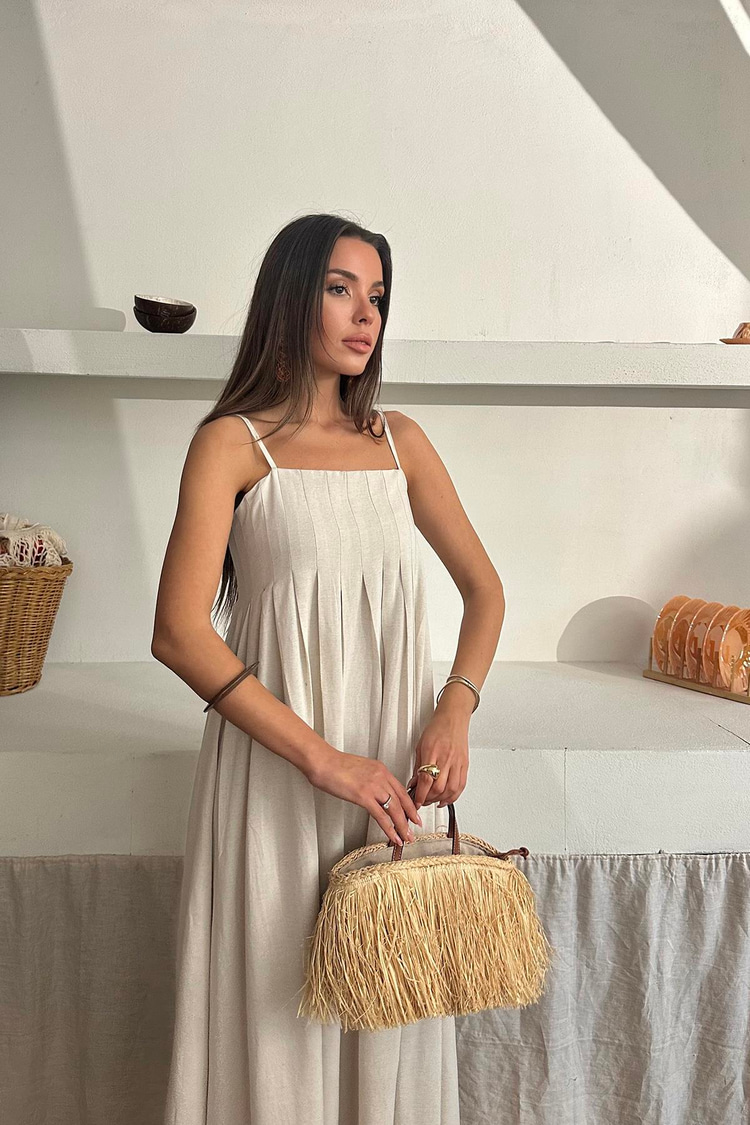Beige Strappy Pleated Linen Dress