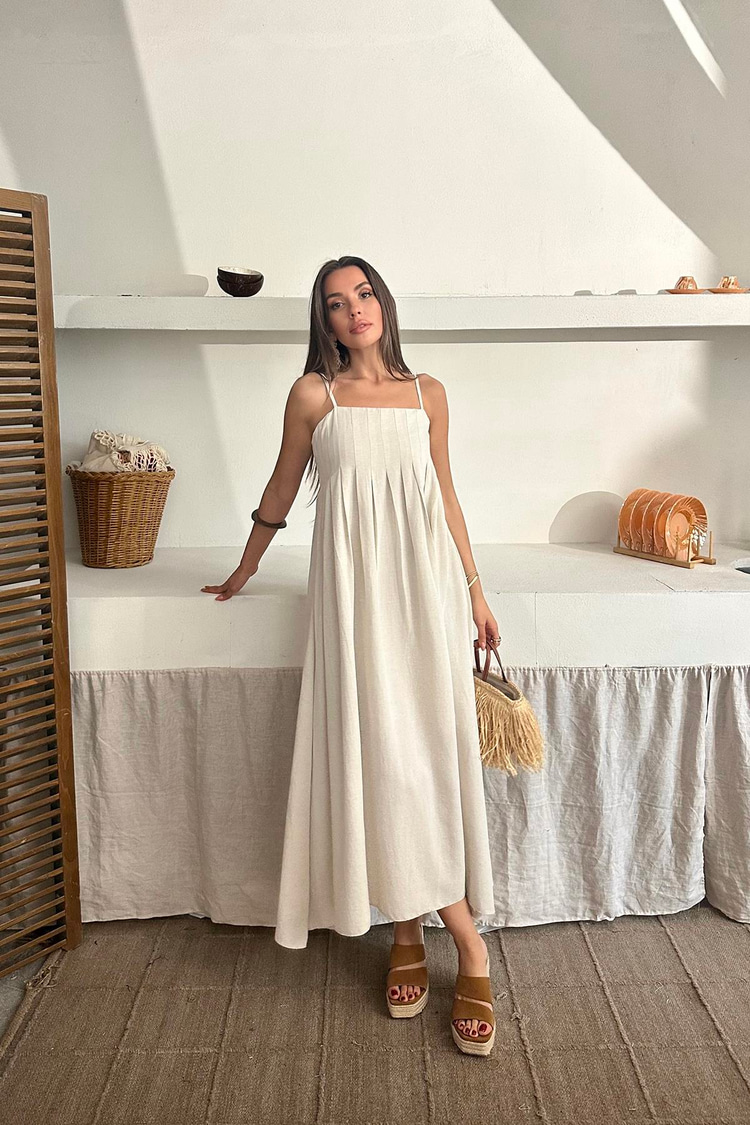 Beige Strappy Pleated Linen Dress