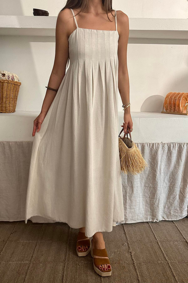 Beige Strappy Pleated Linen Dress