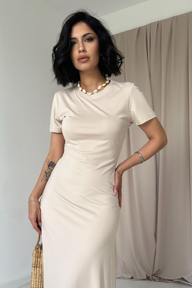 Toptan Bej Basic Elbise