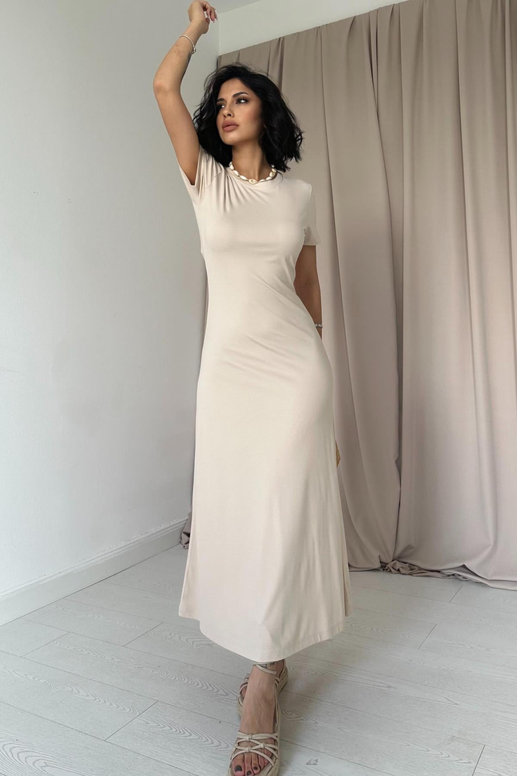 Toptan Bej Basic Elbise