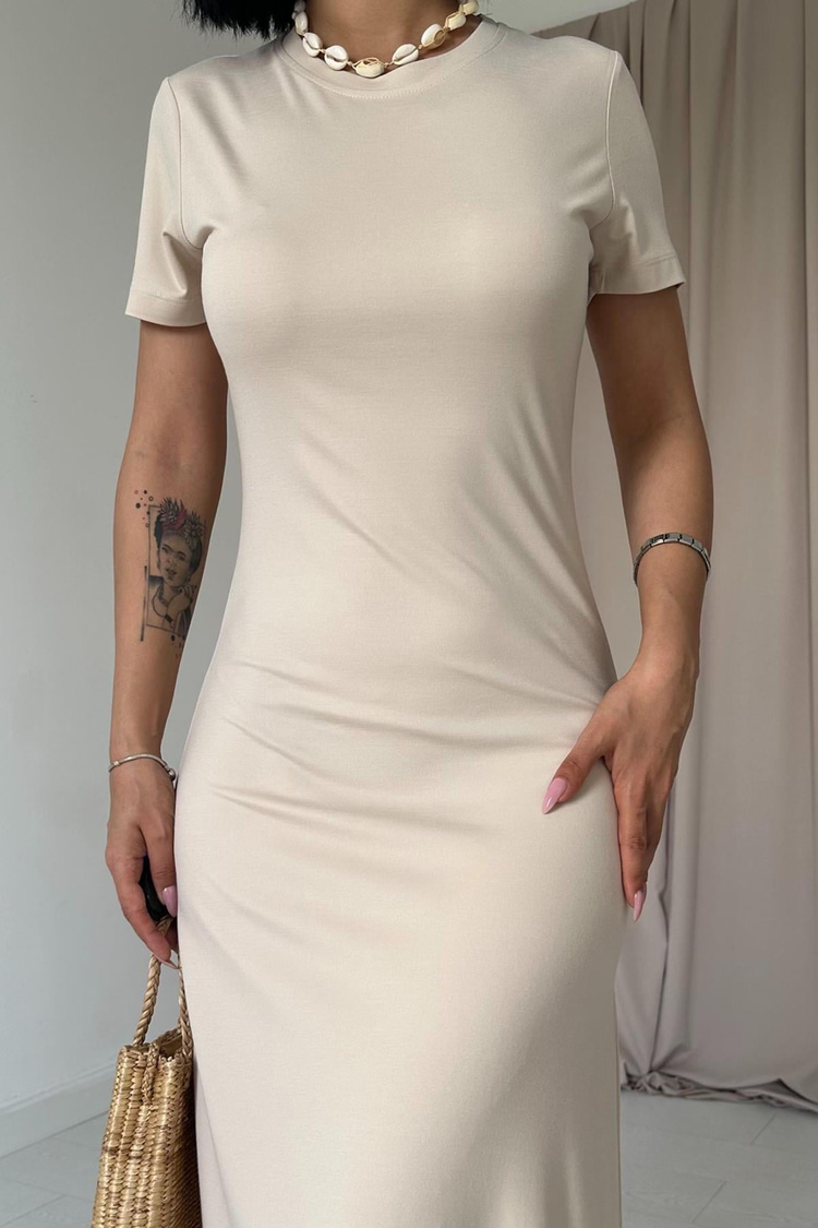 Toptan Bej Basic Elbise