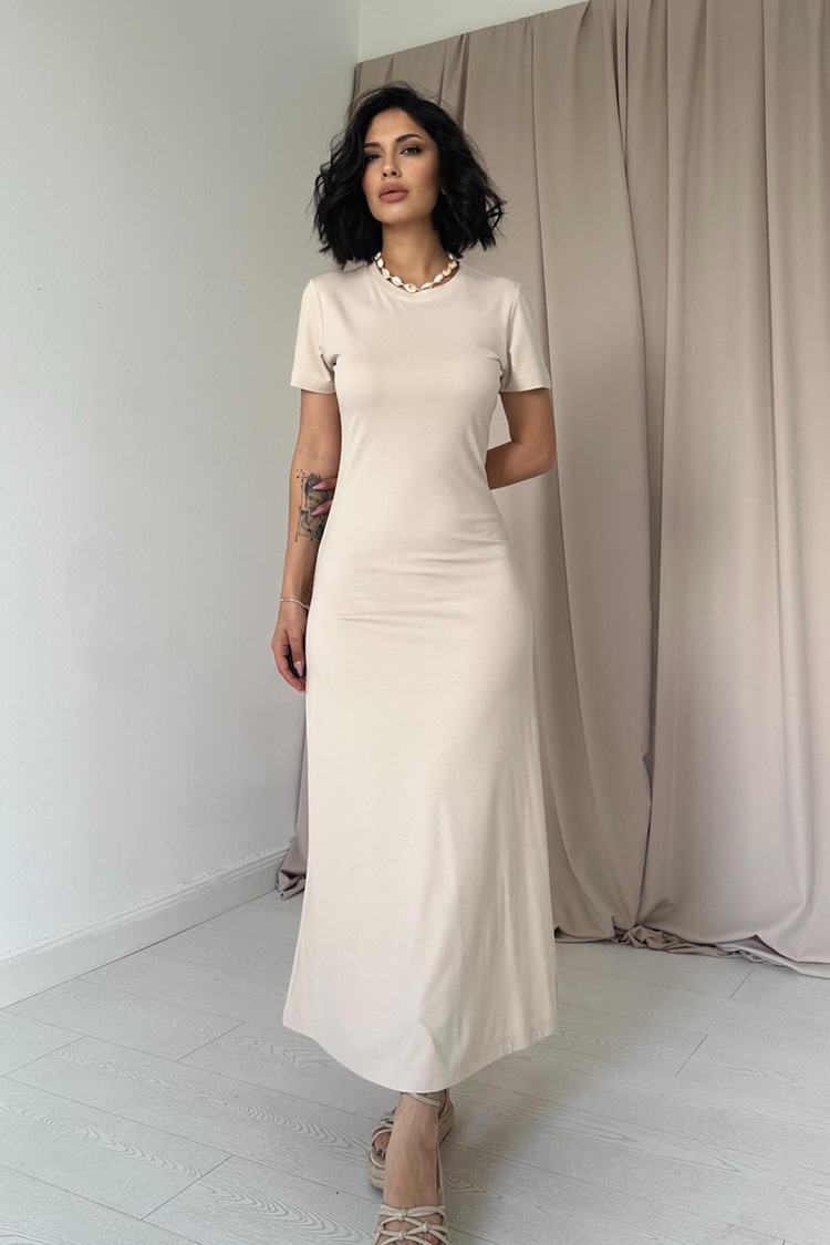 Toptan Bej Basic Elbise