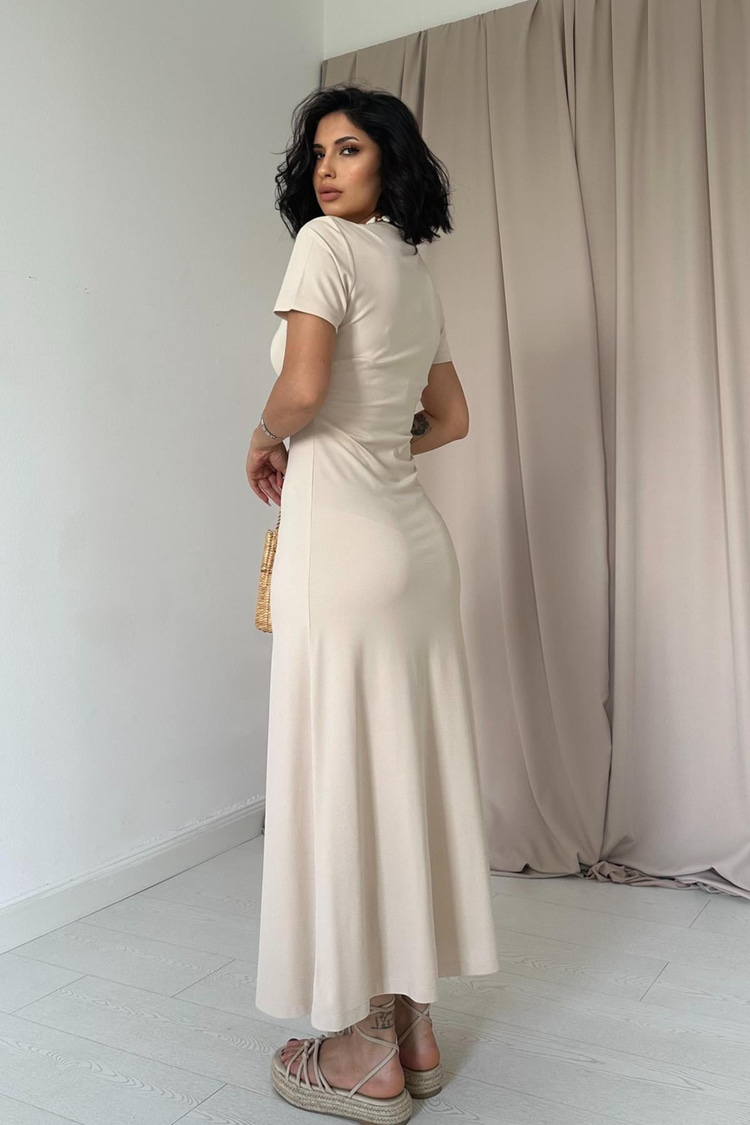 Toptan Bej Basic Elbise