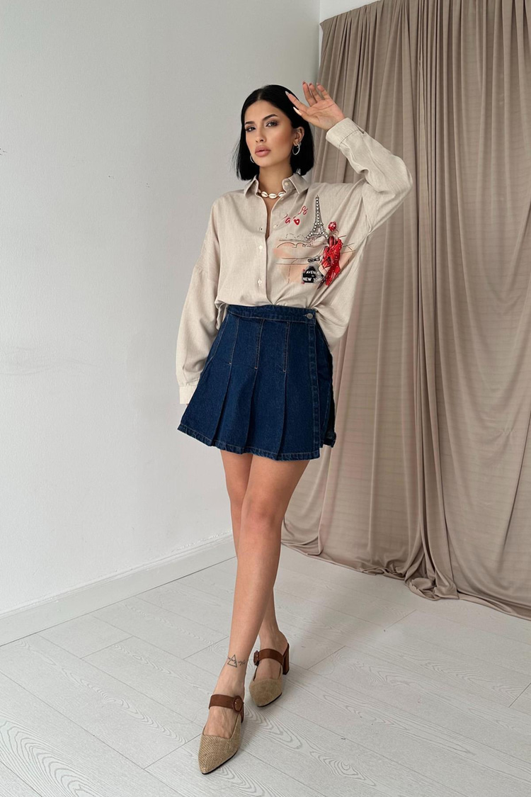 Beige Printed Shirt With Pearl Embellishments
