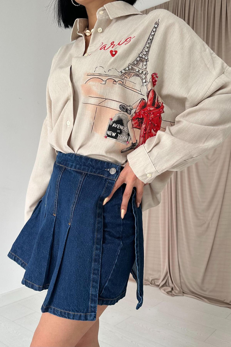 Beige Printed Shirt With Pearl Embellishments