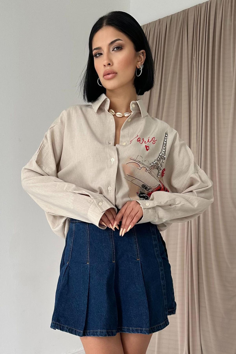 Beige Printed Shirt With Pearl Embellishments