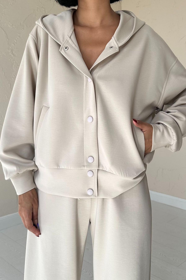 Beige Jacket And Trousers Set With Elastic Waistband