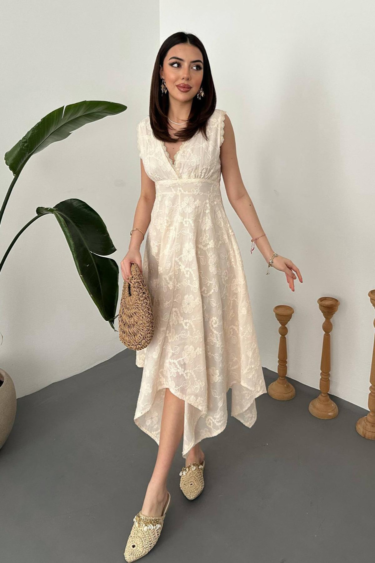 Beige Embroidered Dress