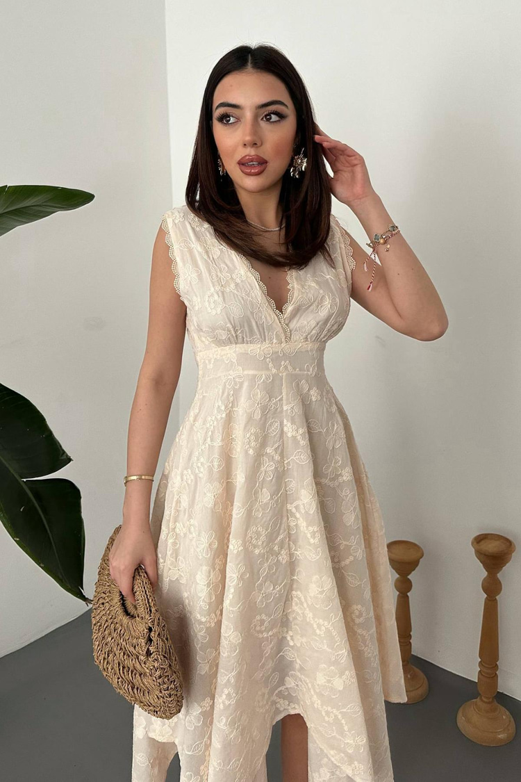 Beige Embroidered Dress
