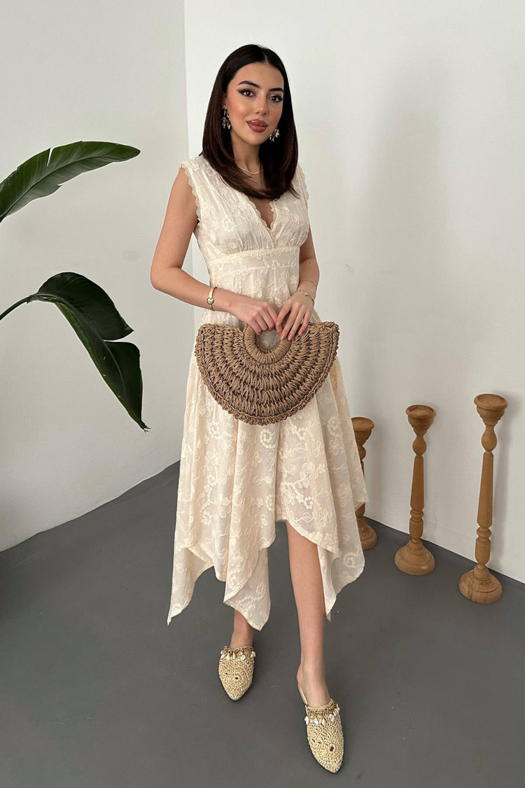 Beige Embroidered Dress