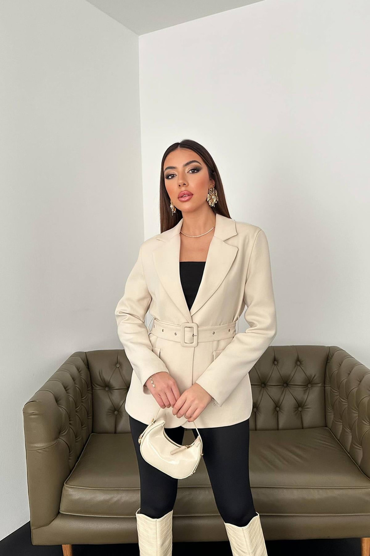 Beige Jacket With Pocket Flaps And Belt