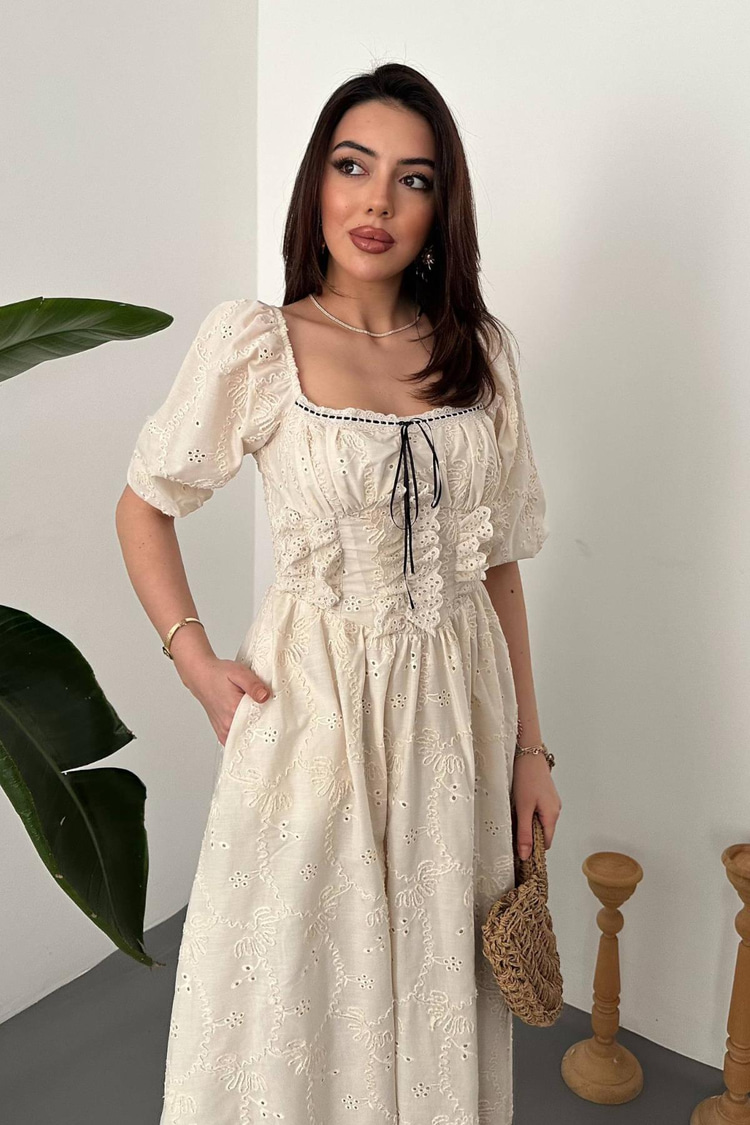Beige Embroidered Dress With Lace Details