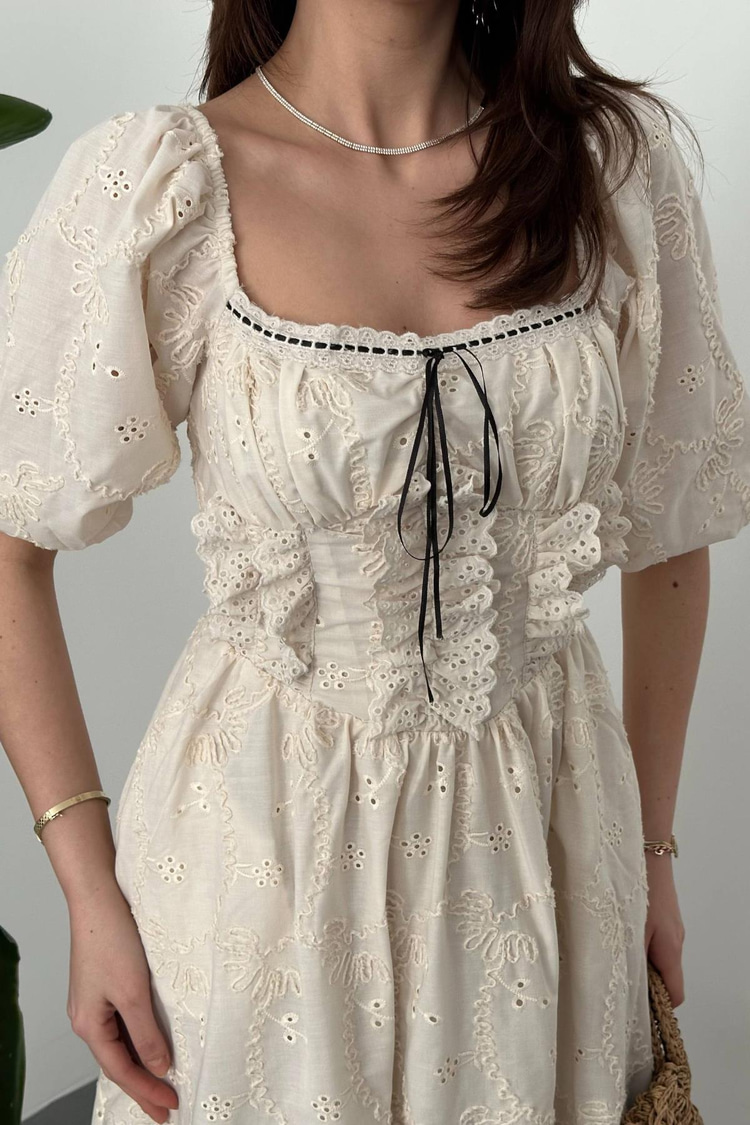 Beige Embroidered Dress With Lace Details