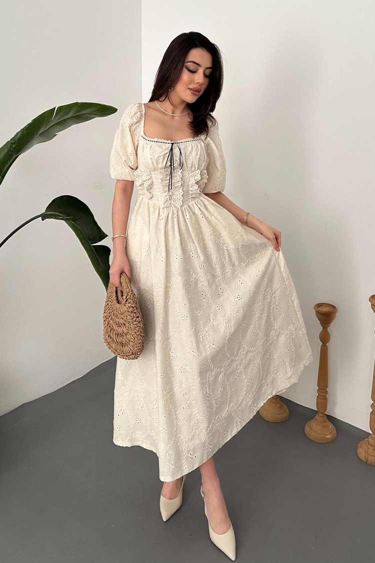 Beige Embroidered Dress With Lace Details