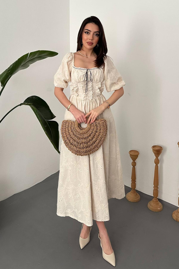 Beige Embroidered Dress With Lace Details