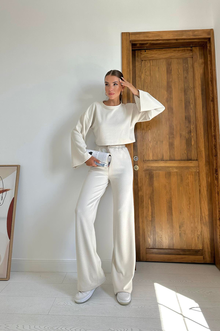 Beige Corduroy Blouse And Trousers Set