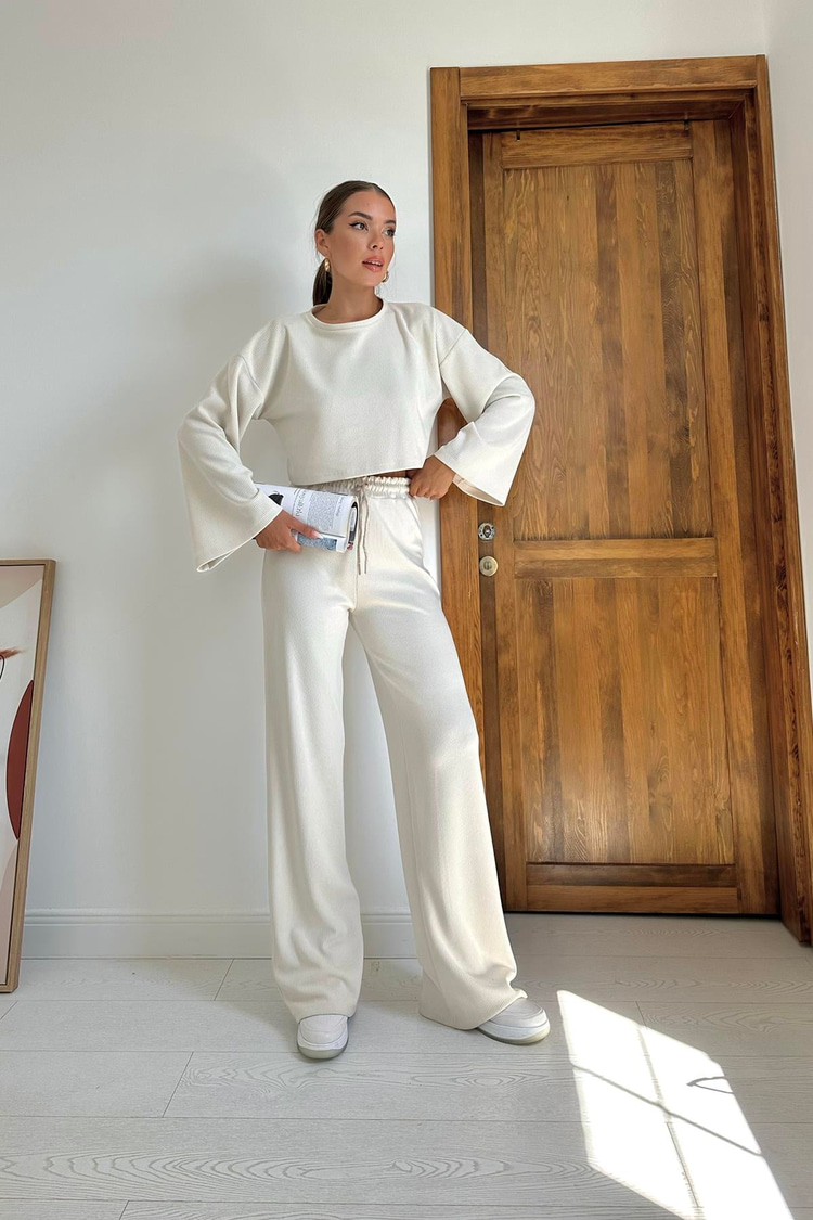 Beige Corduroy Blouse And Trousers Set