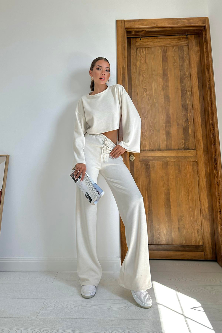 Beige Corduroy Blouse And Trousers Set