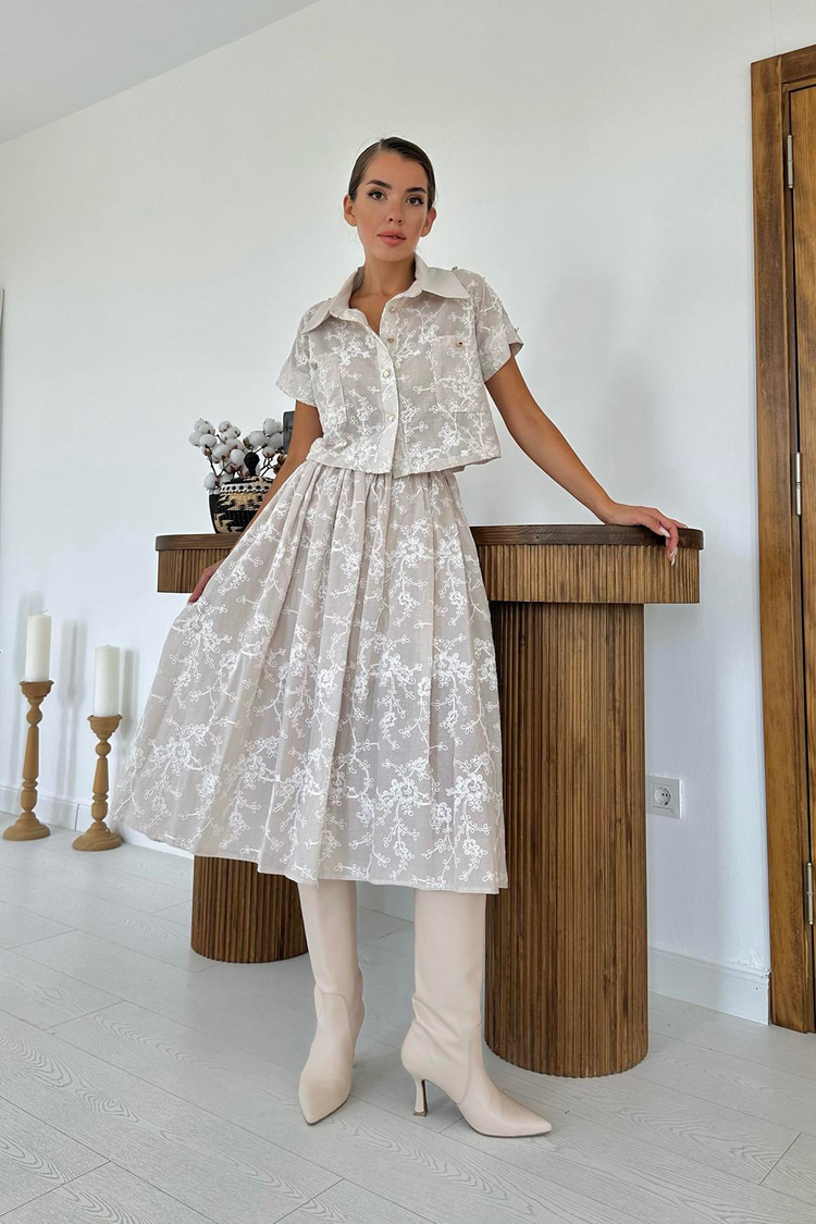 Beige Shirt And Skirt Set